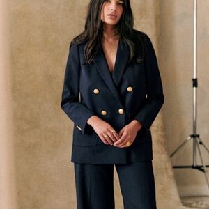 Sezane Navy Blazer with Gold Buttons